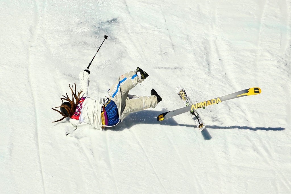 SOCHI, RUSSIA - FEBRUARY 13: Henrik Harlaut of Sweden falls while competing in the Freestyle Skiing Men's Ski Slopestyle Qualification during day six of the Sochi 2014 Winter Olympics at Rosa Khutor Extreme Park on February 13, 2014 in Sochi, Russia. (Photo by Al Bello/Getty Images)